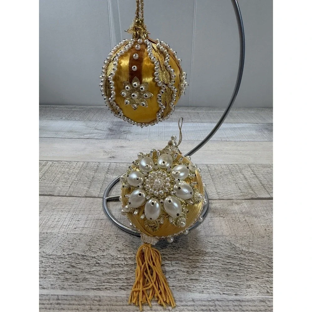 Set 2 Vintage Gold Satin Christmas Ornaments Faux Pearl Beaded Tassel Victorian